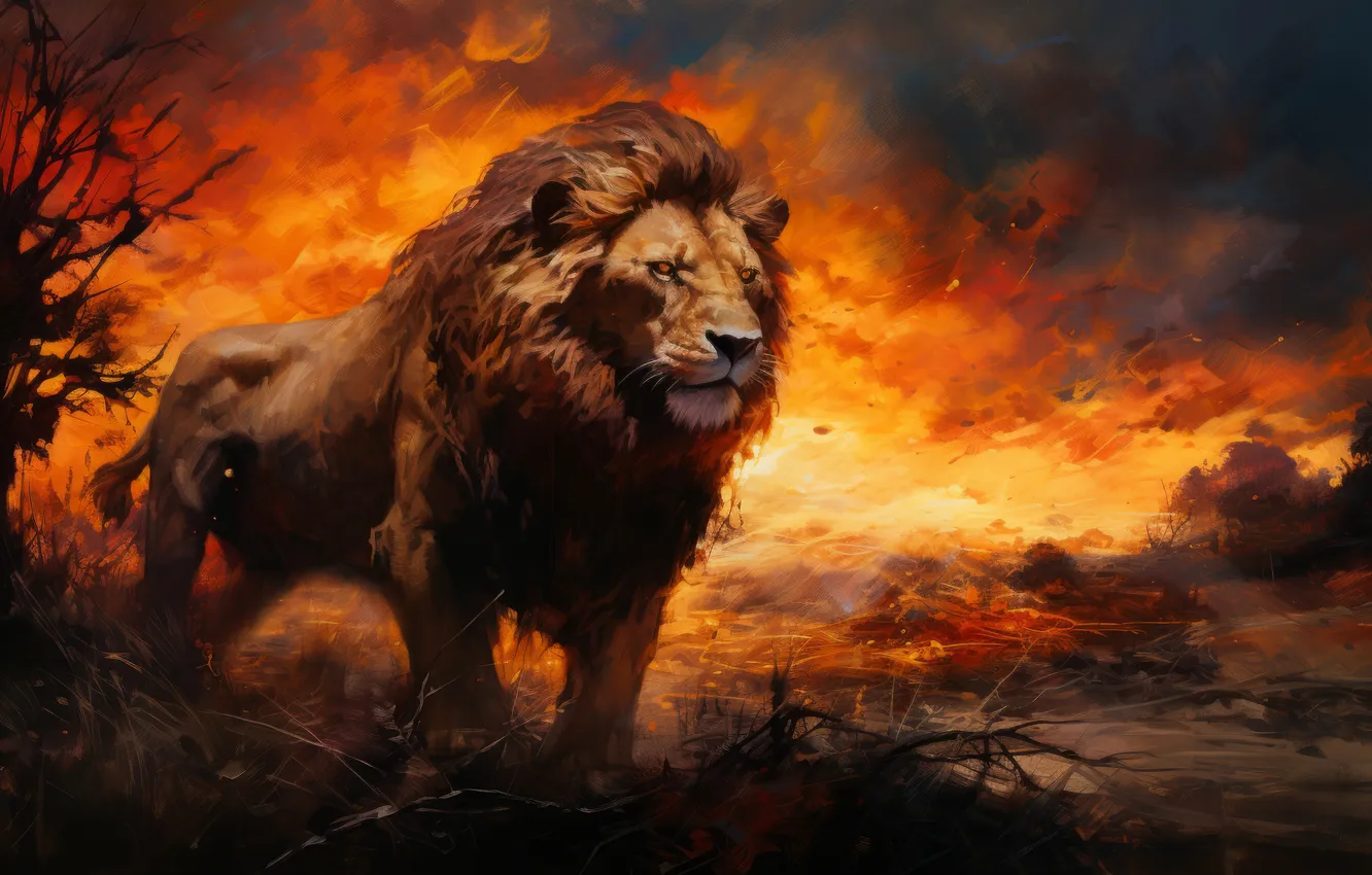 Photo wallpaper grass, lights, smoke, predator, Leo, big cat, digital art, AI art