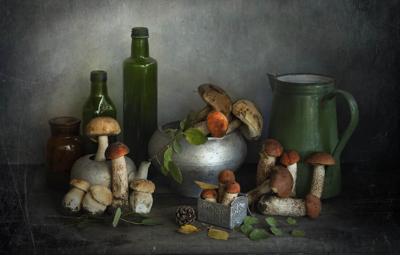 Photo wallpaper glass, leaves, branches, table, mushrooms, bottle, Bank, dishes