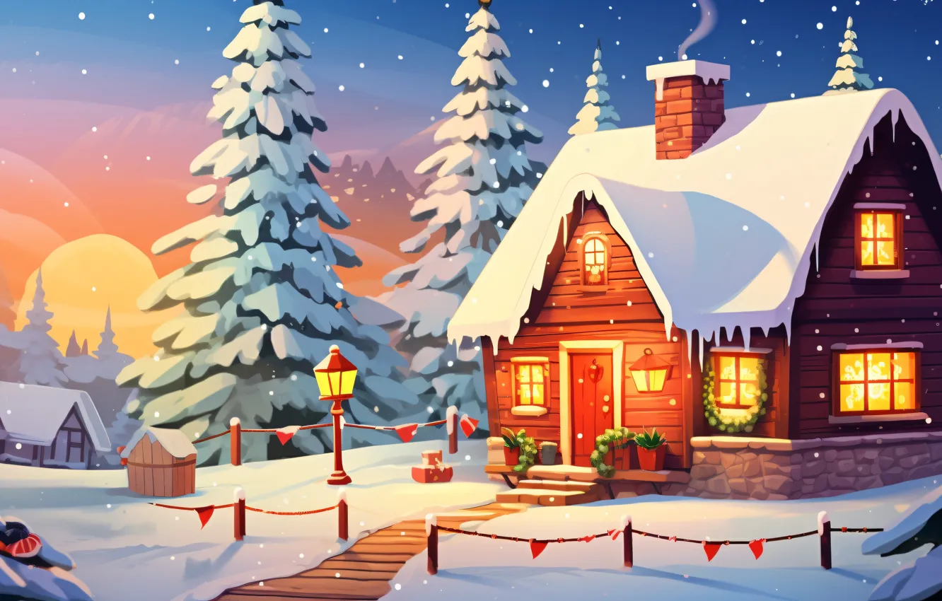Photo wallpaper winter, snow, holiday, graphics, tree, new year, home, Christmas