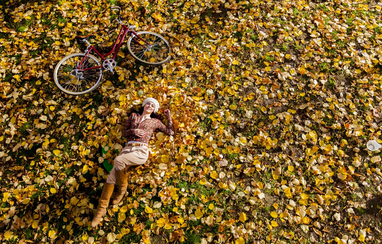 Photo wallpaper autumn, leaves, girl, bike, Park, stay, lawn, nature