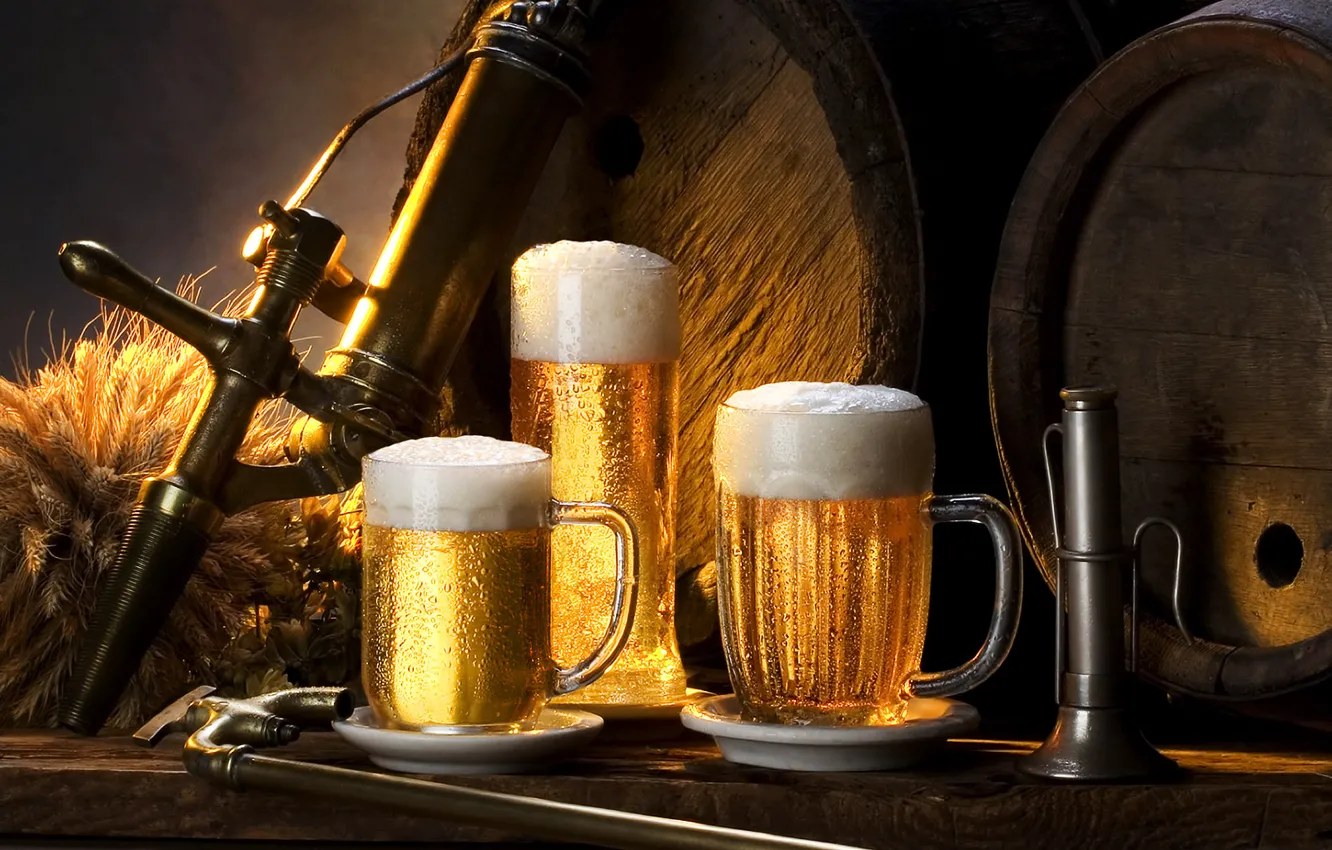 Photo wallpaper foam, beer, barrel