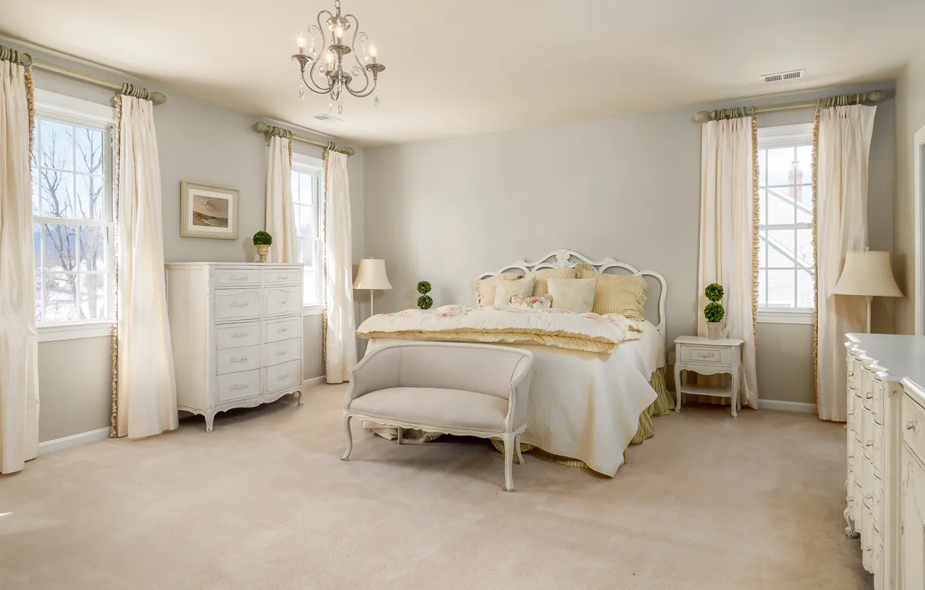 Photo wallpaper white, design, bed, bedroom, chest