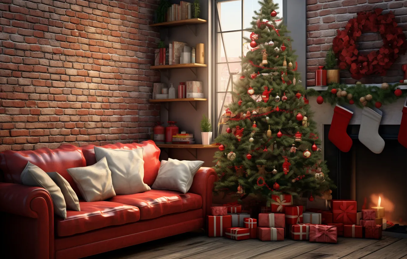 Photo wallpaper decoration, house, room, sofa, balls, tree, interior, New Year