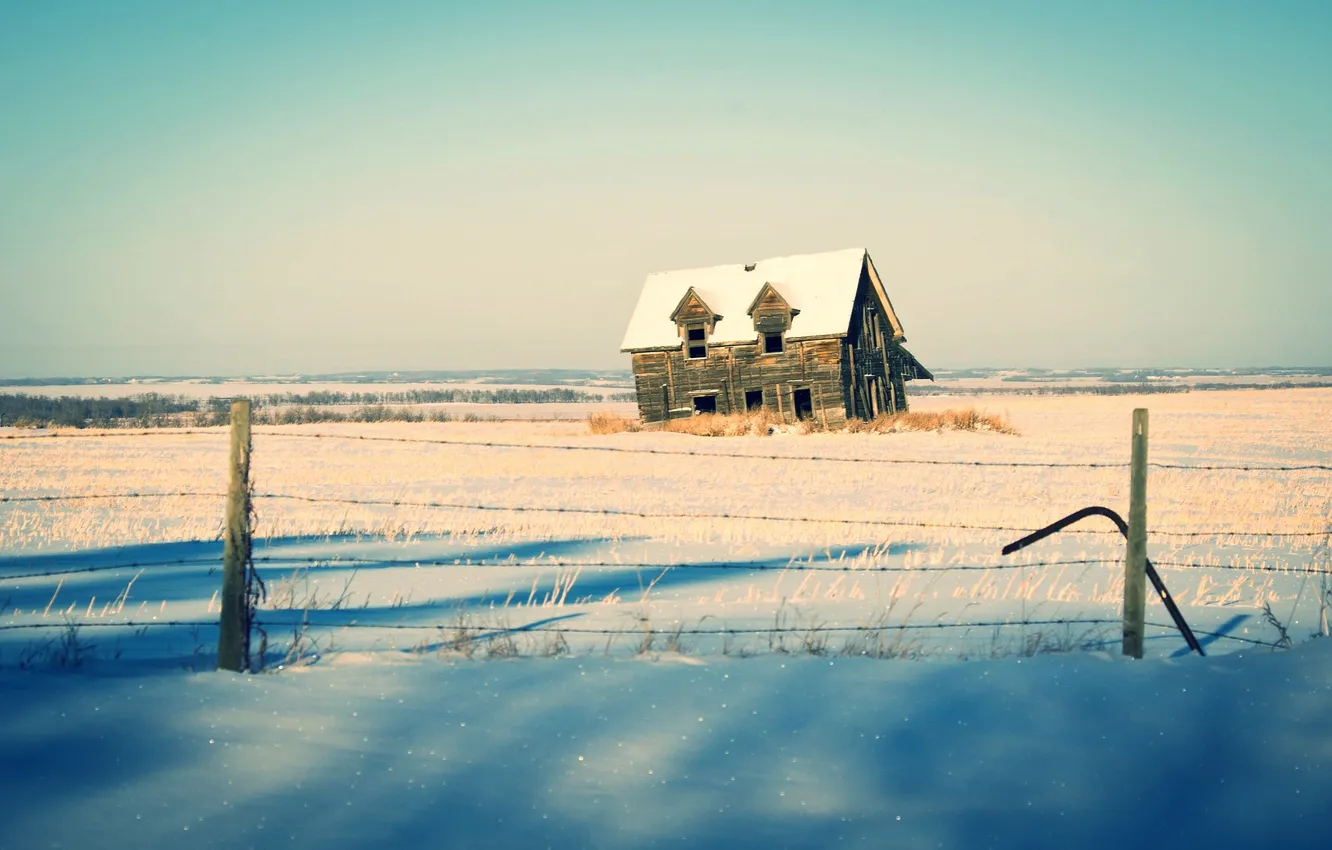 Photo wallpaper winter, the sun, snow, house, the fence, shadows, farm
