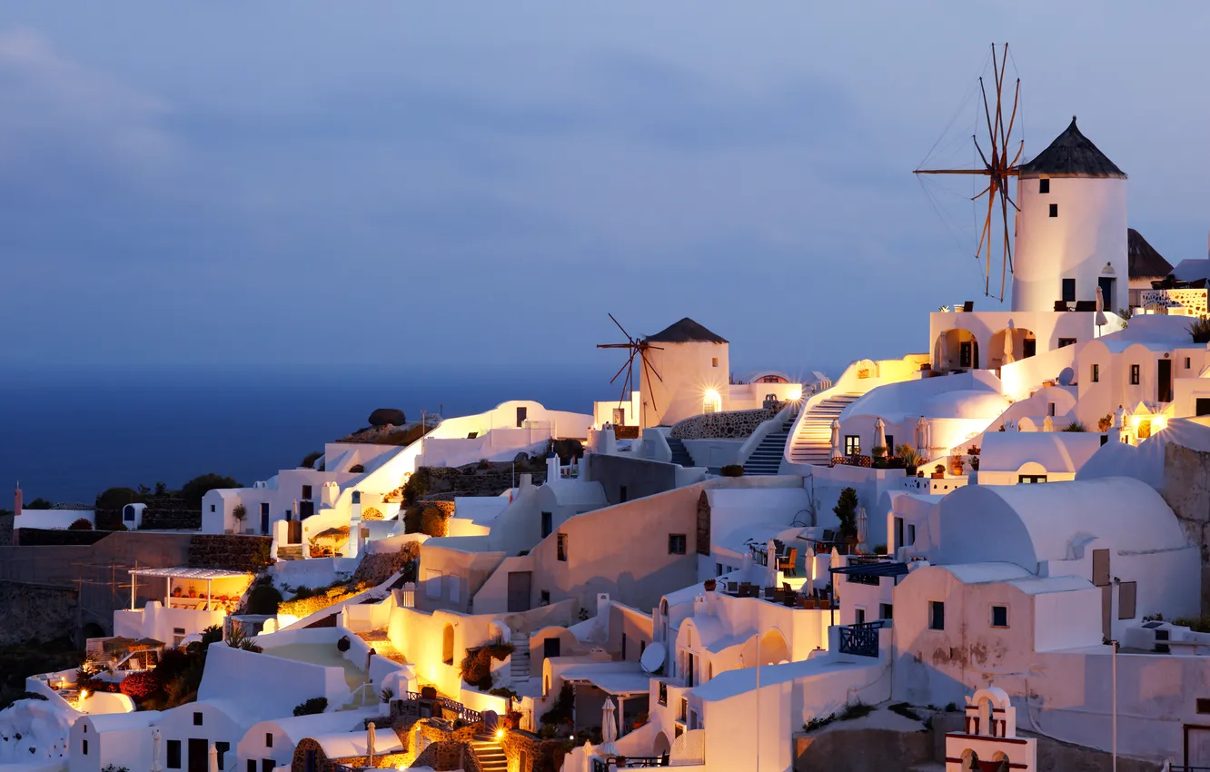 Photo wallpaper sea, the sky, water, clouds, city, the city, lights, lights