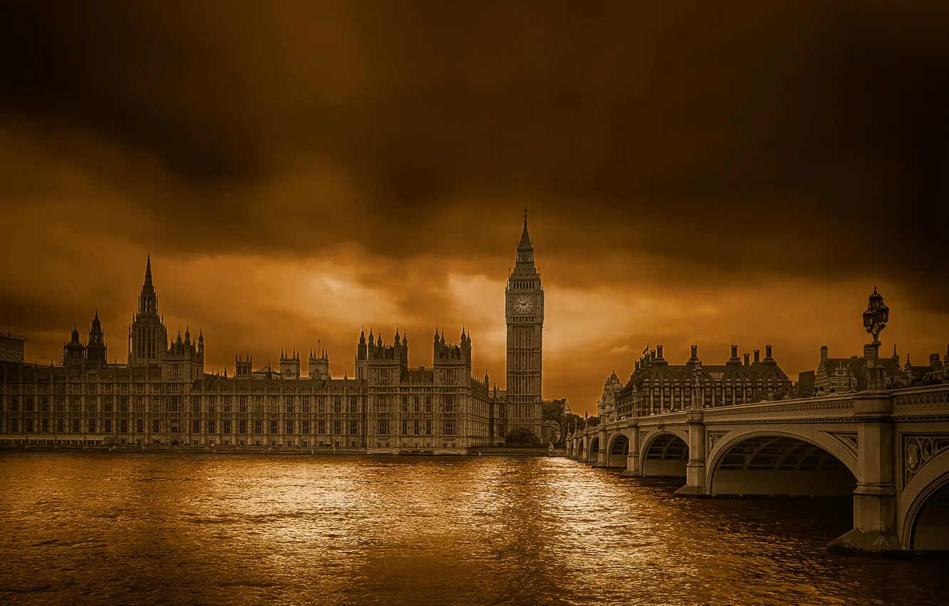 Photo wallpaper clouds, bridge, river, England, London, tower, Thames, Parliament
