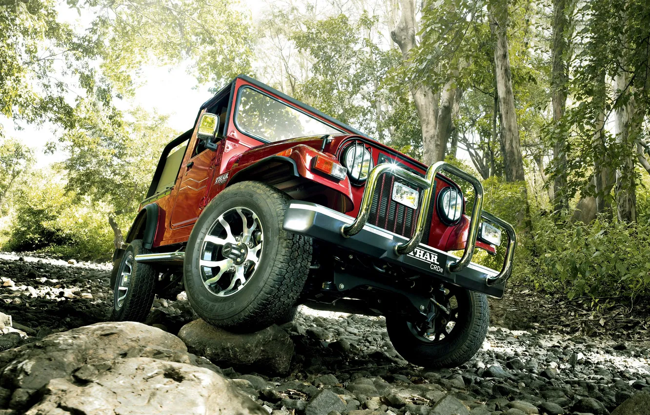 Photo wallpaper trees, stones, jeep, SUV, the front, Jeep, Tar, Thar