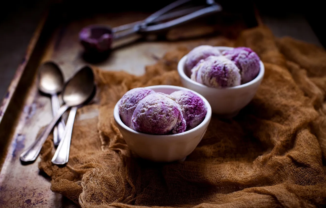 Photo wallpaper balls, blueberries, ice cream, dessert, spoon, bowl, blueberry