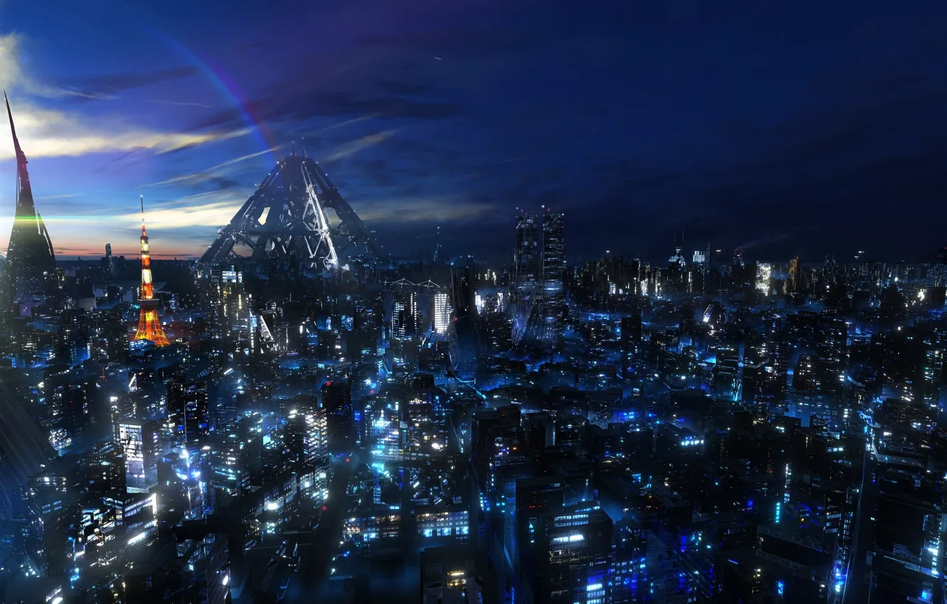 Photo wallpaper the sky, clouds, lights, dawn, building, guilty crown