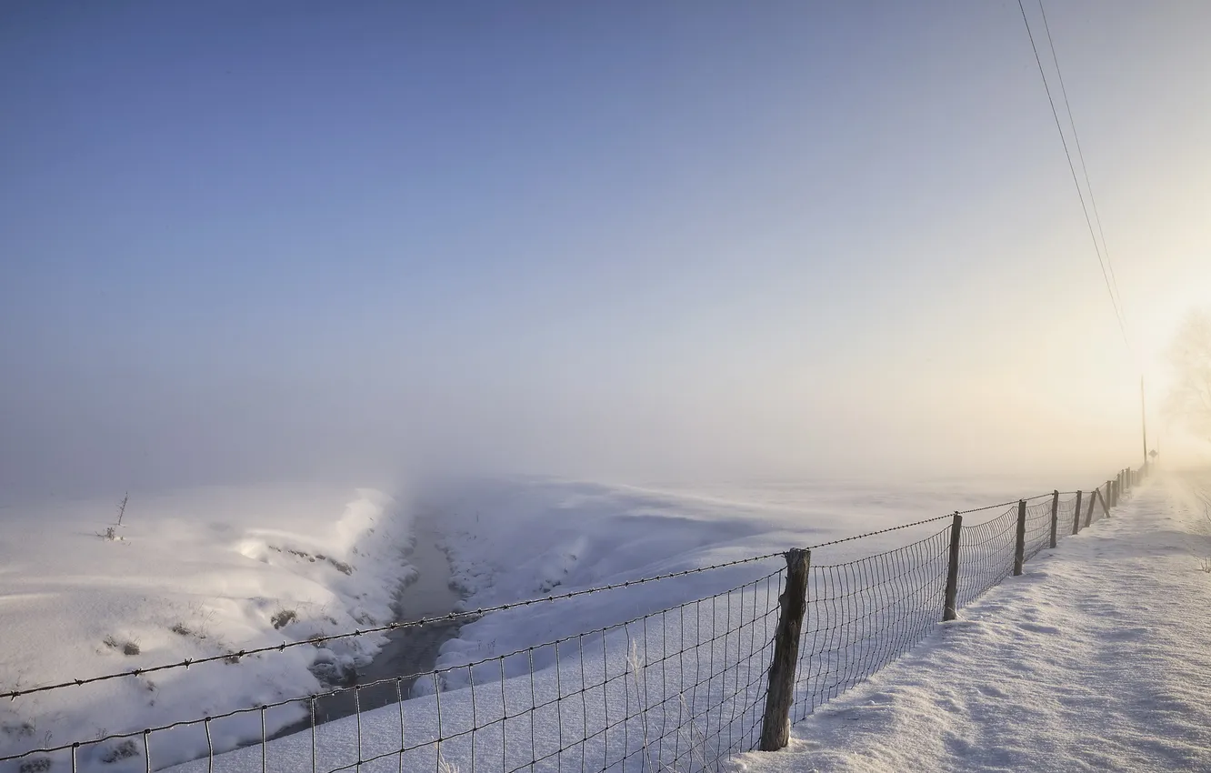 Photo wallpaper winter, field, snow, fog, the fence