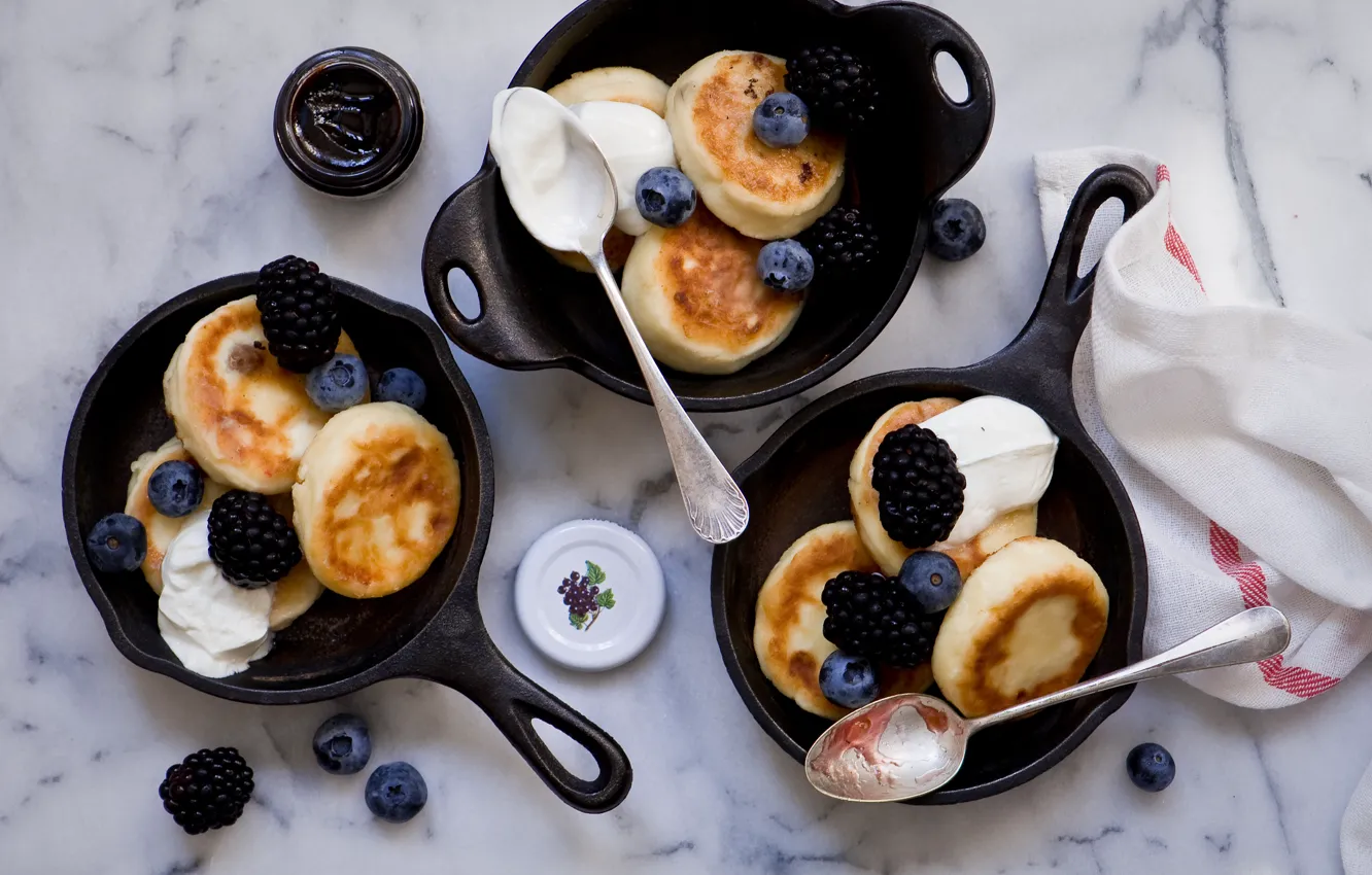 Photo wallpaper berries, Breakfast, blueberries, pancakes, cakes, BlackBerry, jam, sour cream