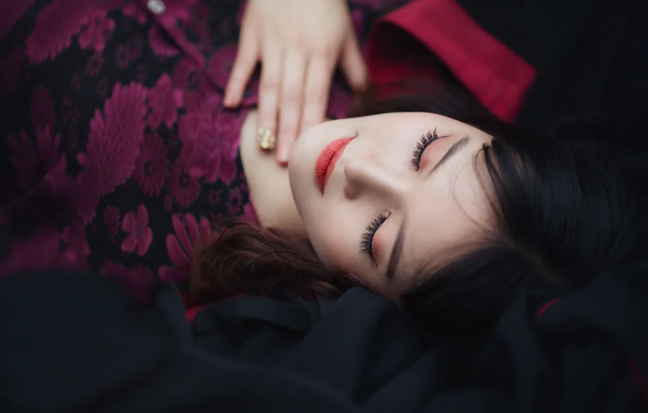 Photo wallpaper girl, face, the dark background, sleep, sleeping, Asian, closed eyes