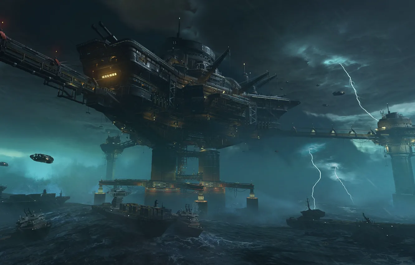 Photo wallpaper storm, lightning, storm, station, Doom Eternal