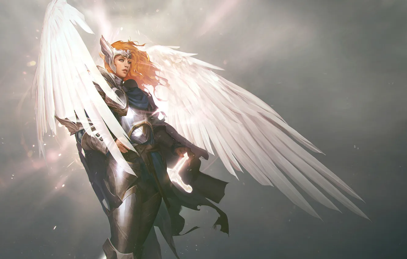 Photo wallpaper war, wings, art, red hair, girl.