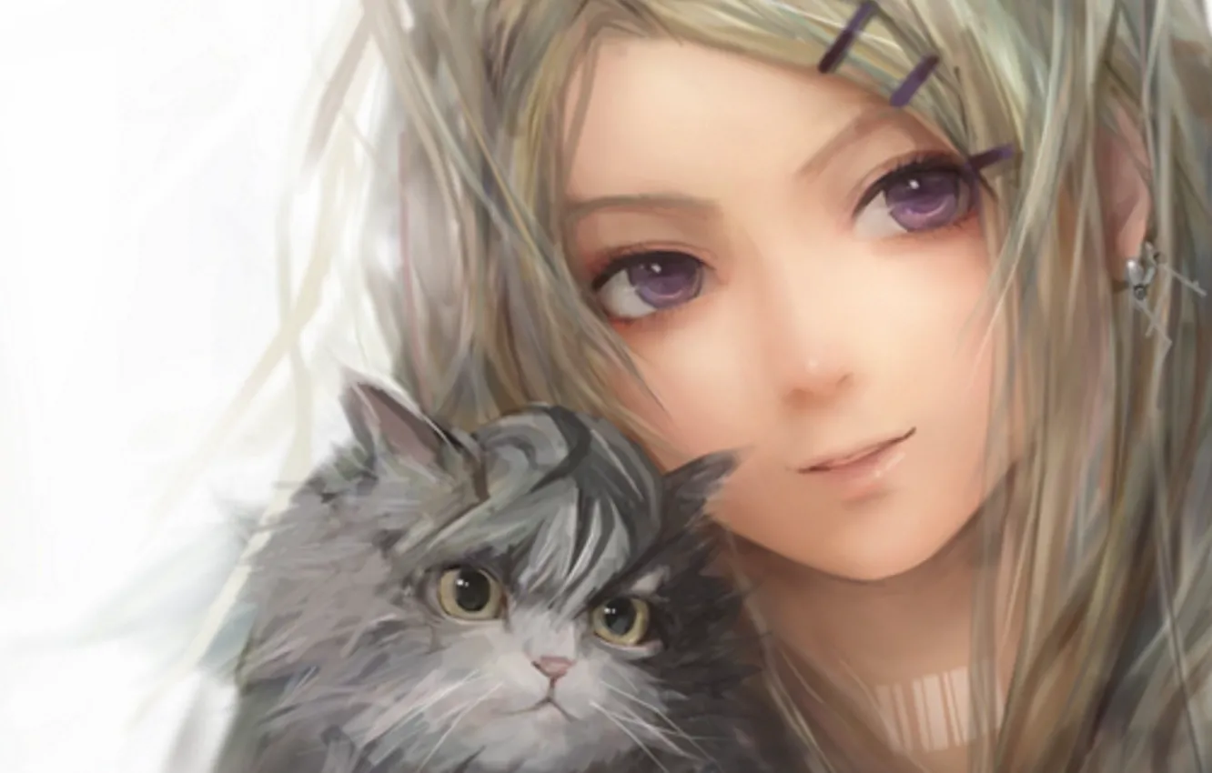 Photo wallpaper Girl, Anime, Cat, Kitten, Face, Anime And Fantasy