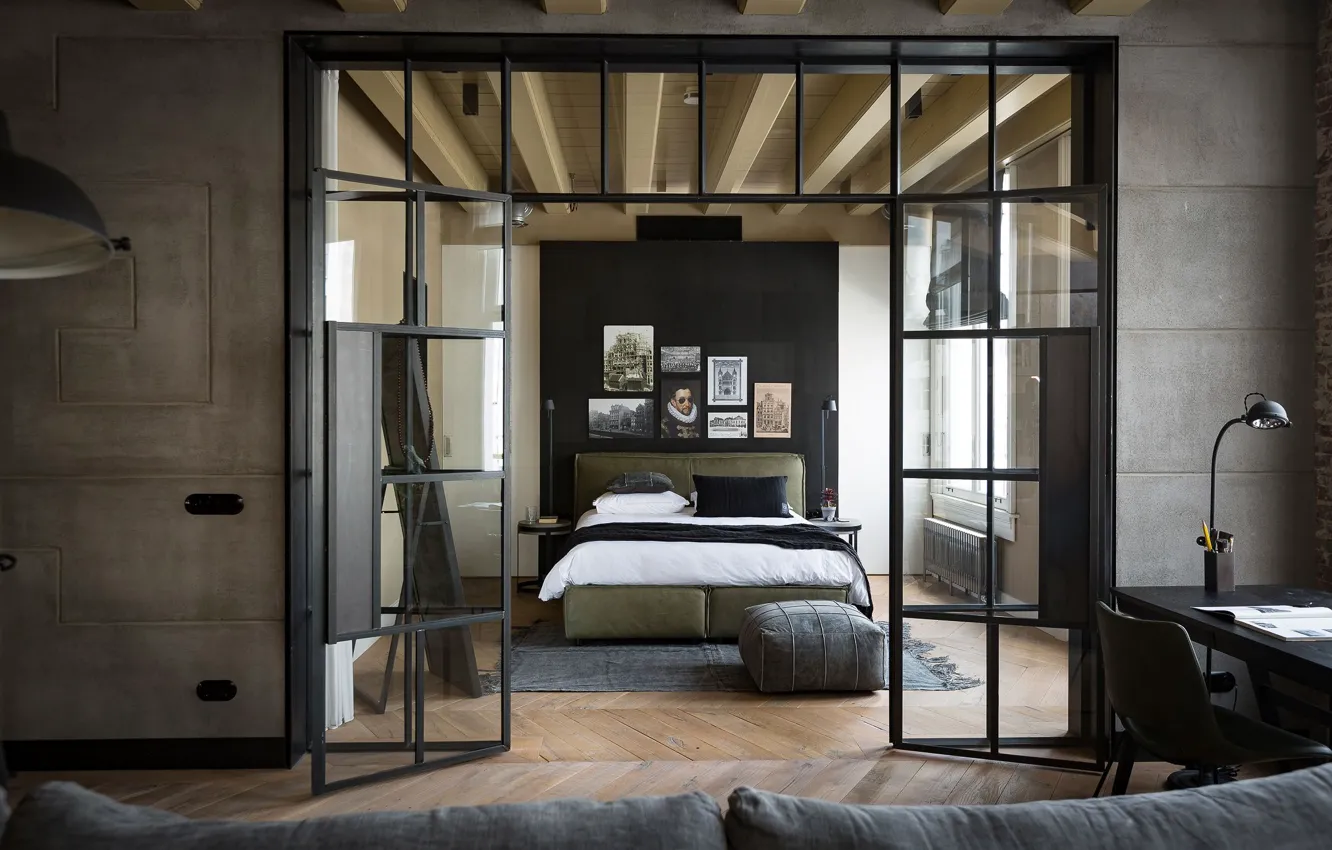 Photo wallpaper design, interior, bedroom, Amsterdam, Glass doors