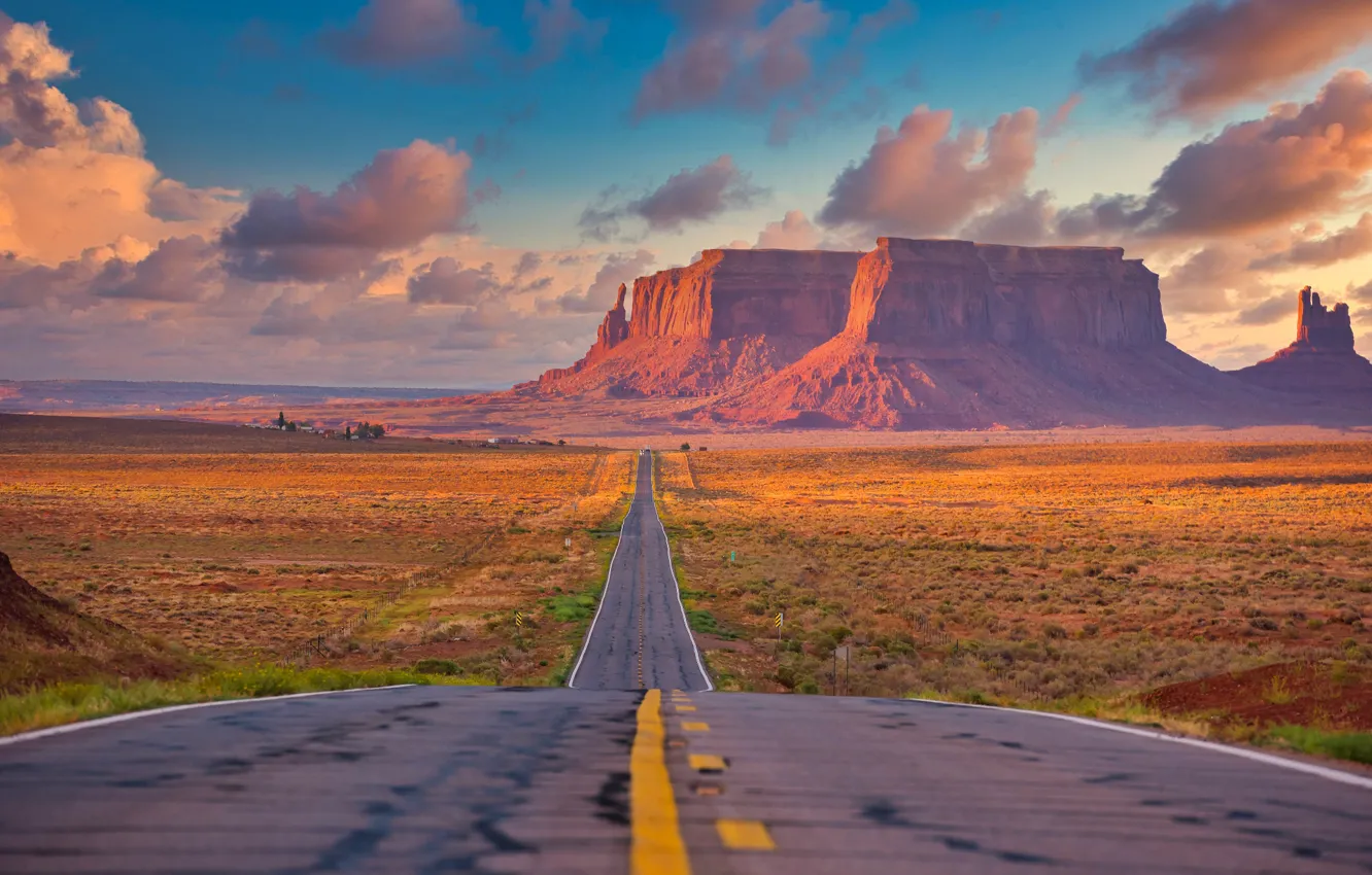 Photo wallpaper road, the sky, the sun, clouds, rocks, desert, highway, canyon