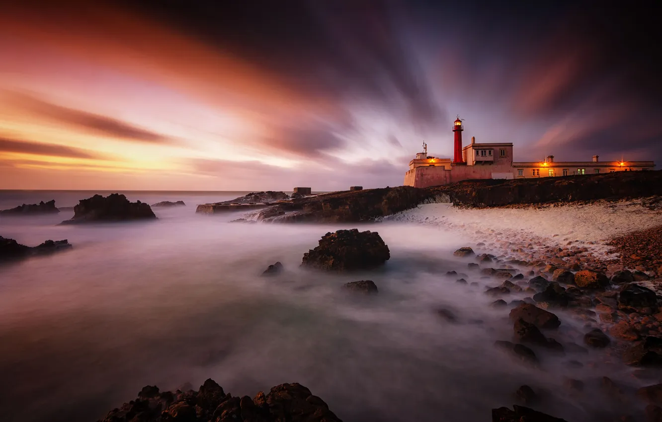Photo wallpaper sea, the sky, clouds, sunset, lights, fog, stones, rocks
