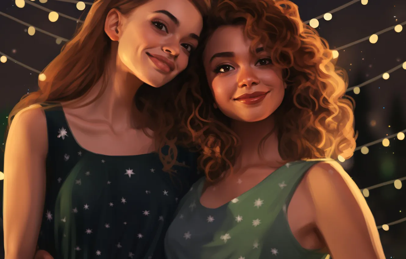 Photo wallpaper look, girl, smile, new year, Christmas, two, digital art, AI art