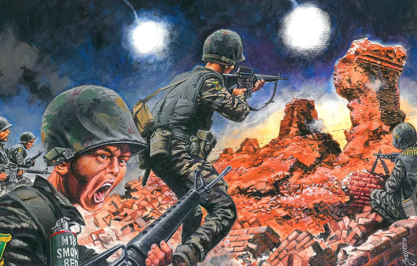 Photo wallpaper War, Battle, Soldiers, Creek, Vietnam, Art, 1972, Attack
