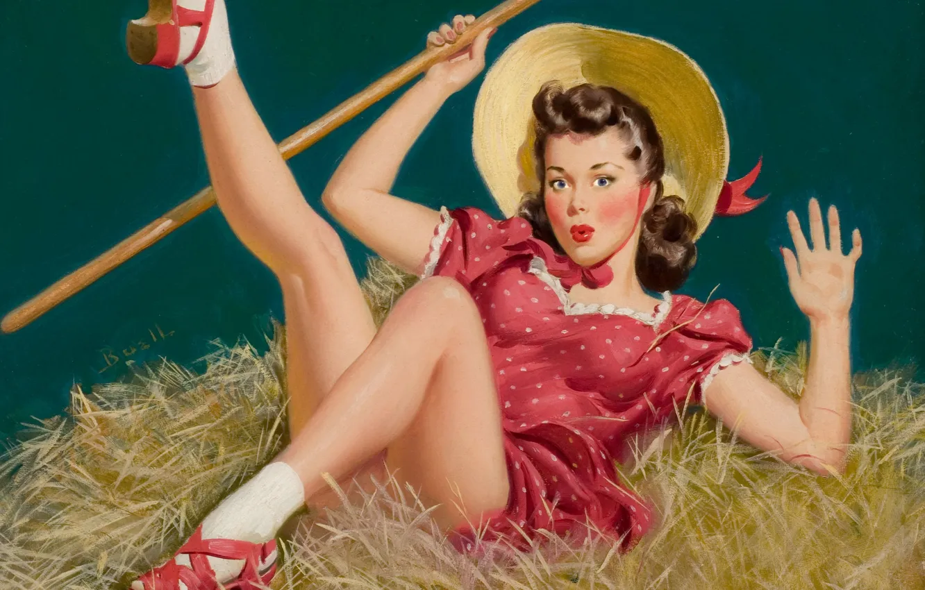 Photo wallpaper girl, retro, figure, drop, hay, Pin-up, Alfred Leslie Buell