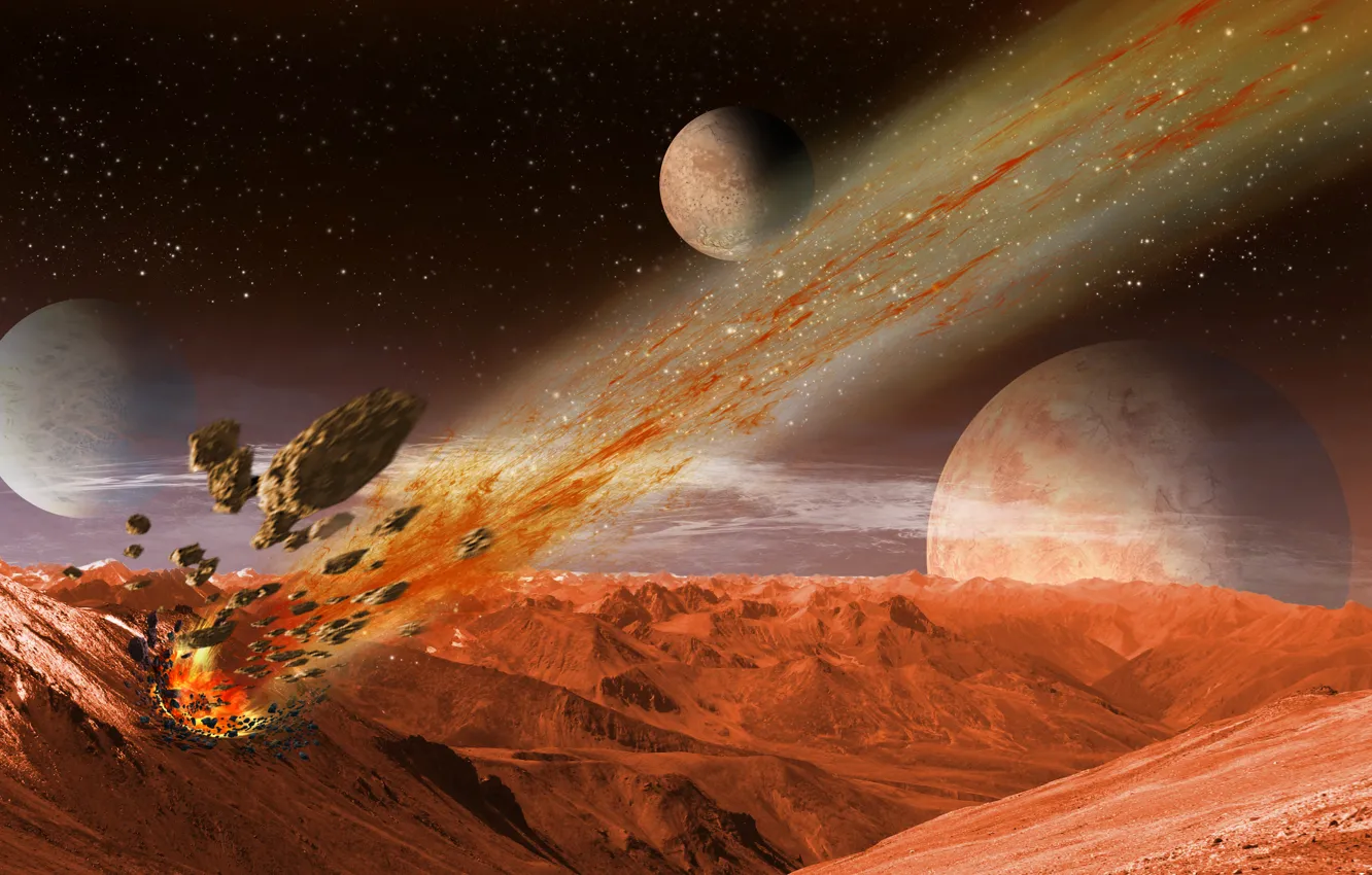 Photo wallpaper the sky, stars, the universe, planet, drop, clash, meteorites