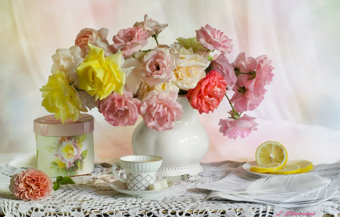 Photo wallpaper roses, bouquet, Cup, sugar