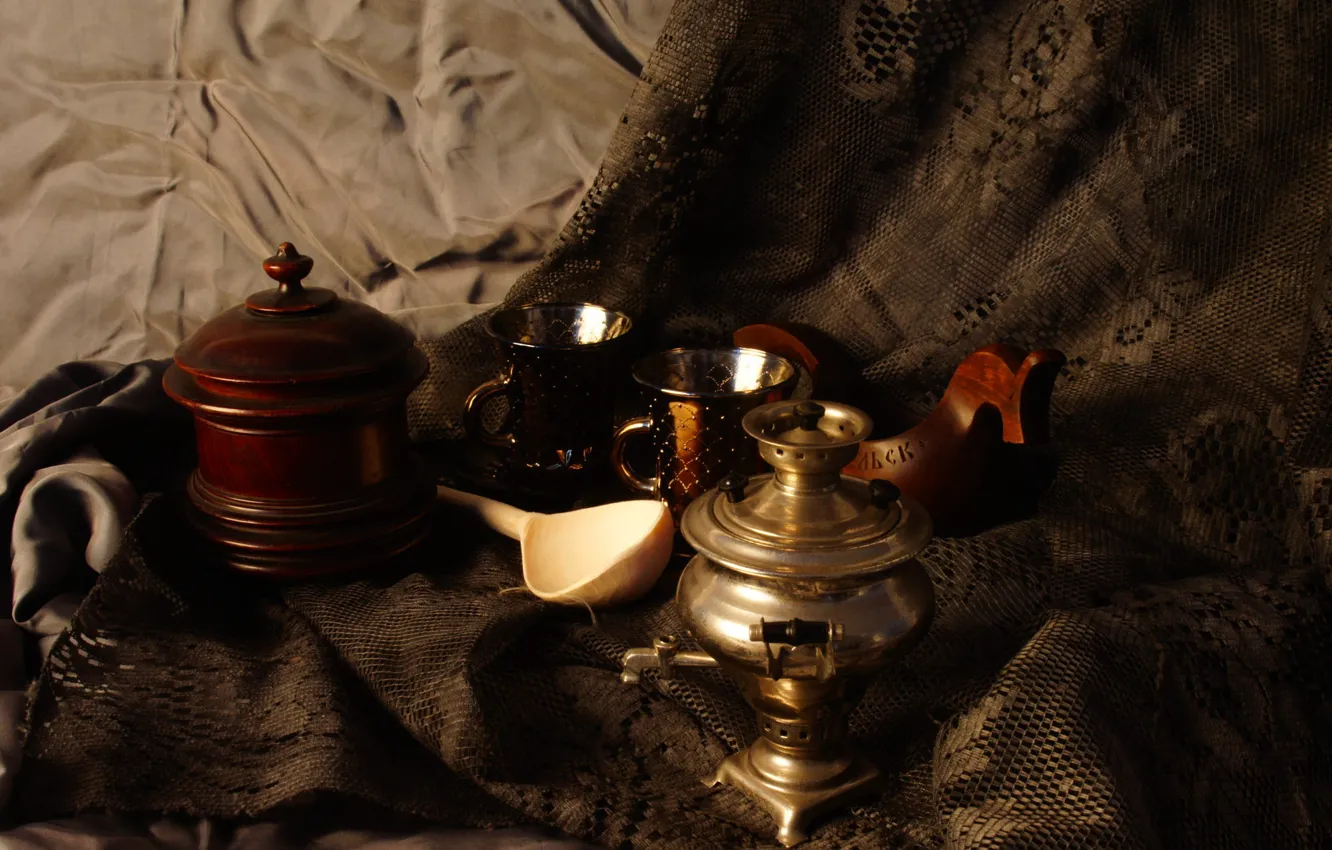 Photo wallpaper tea, matter, spoon, Cup, Bank, fabric, mugs, samovar