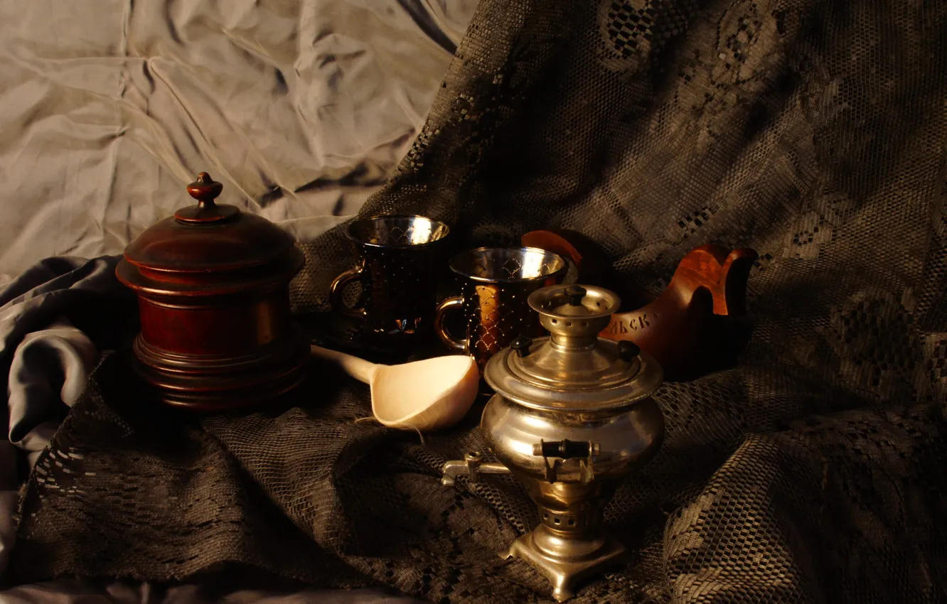 Photo wallpaper tea, matter, spoon, mug, Cup, Bank, fabric, wooden