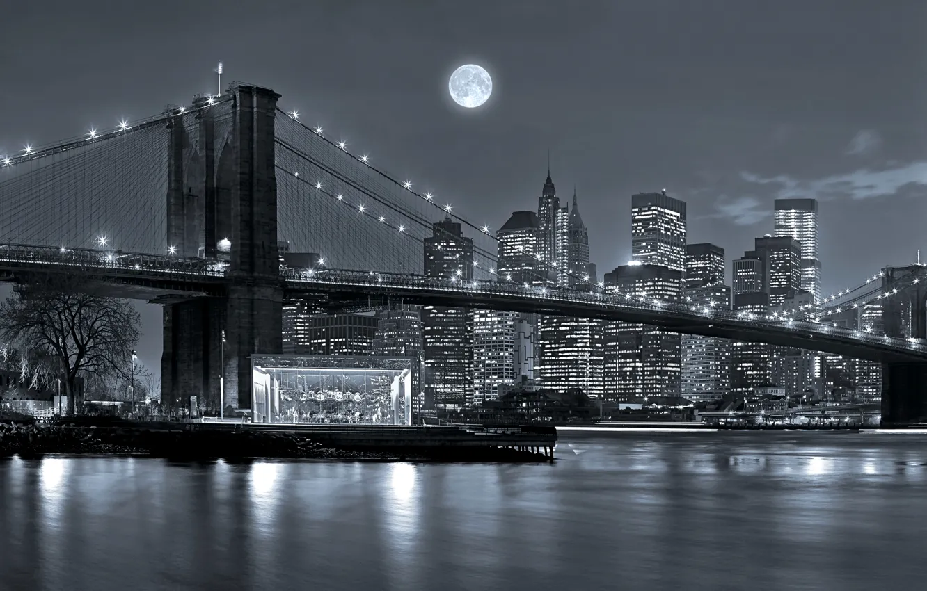 Photo wallpaper the sky, night, bridge, lights, river, the moon, home, New York