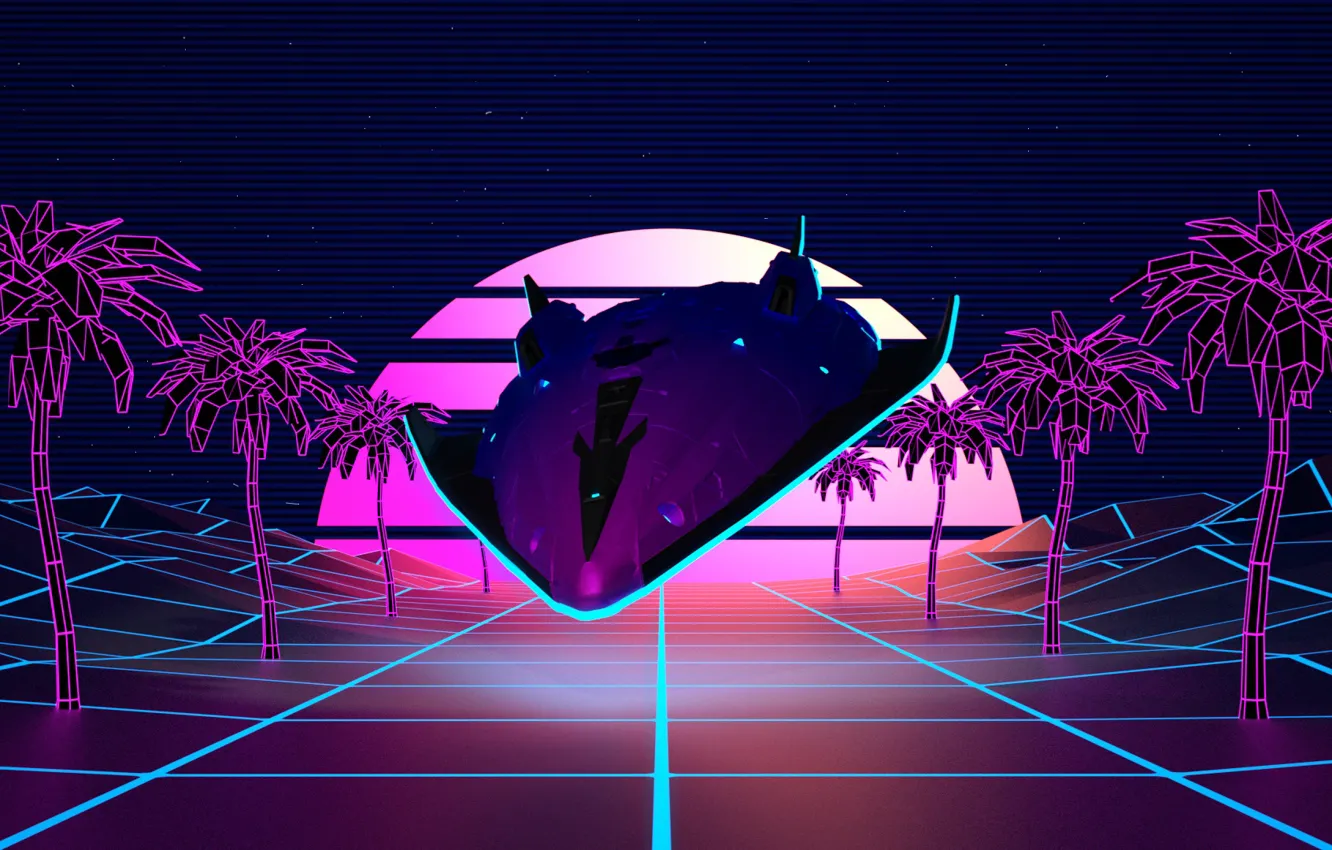 Photo wallpaper Music, Palm trees, Background, Graphics, Synth, Retrowave, Synthwave, New Retro Wave