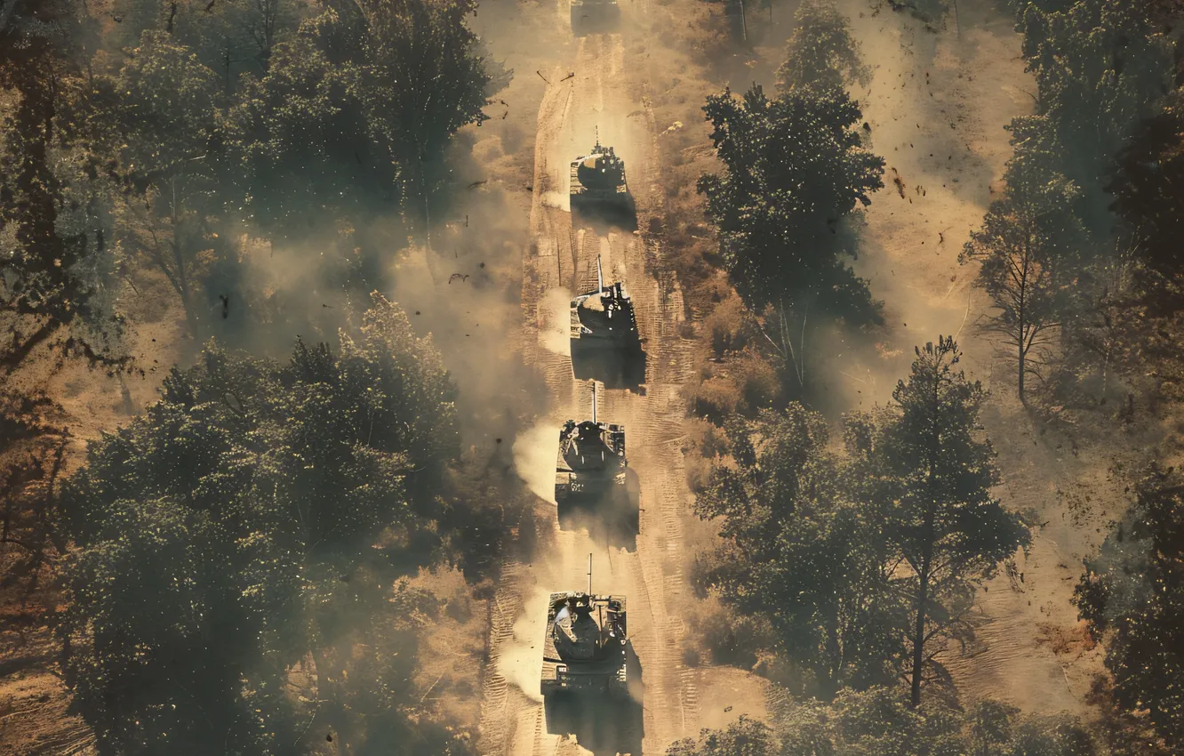 Photo wallpaper road, trees, retro, dust, top, tank, columns, digital art