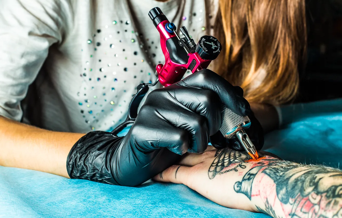 Photo wallpaper woman, art, arm, latex gloves, tattooist