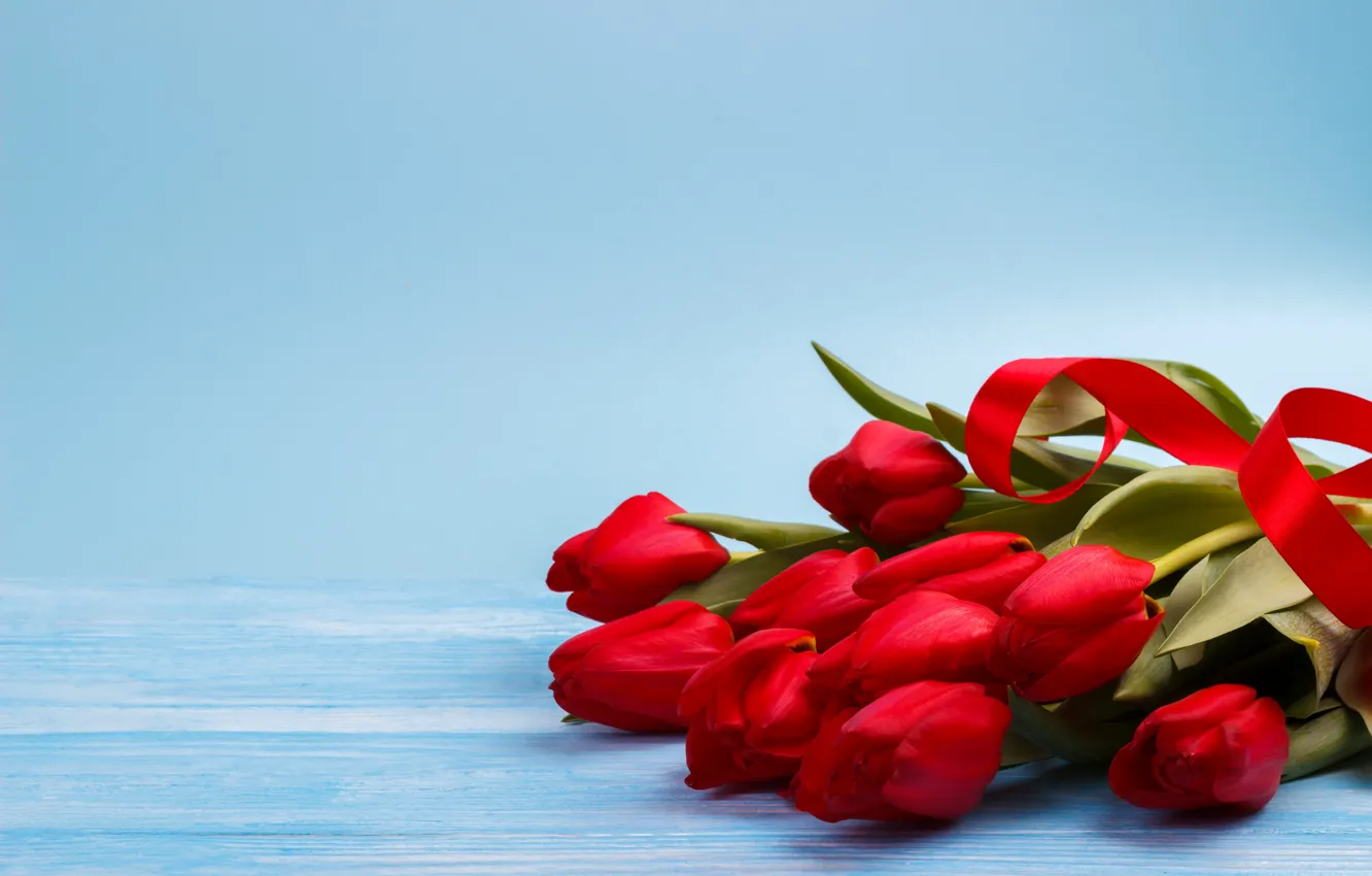 Photo wallpaper flowers, red, bouquet, tulips, red, fresh, wood, flowers