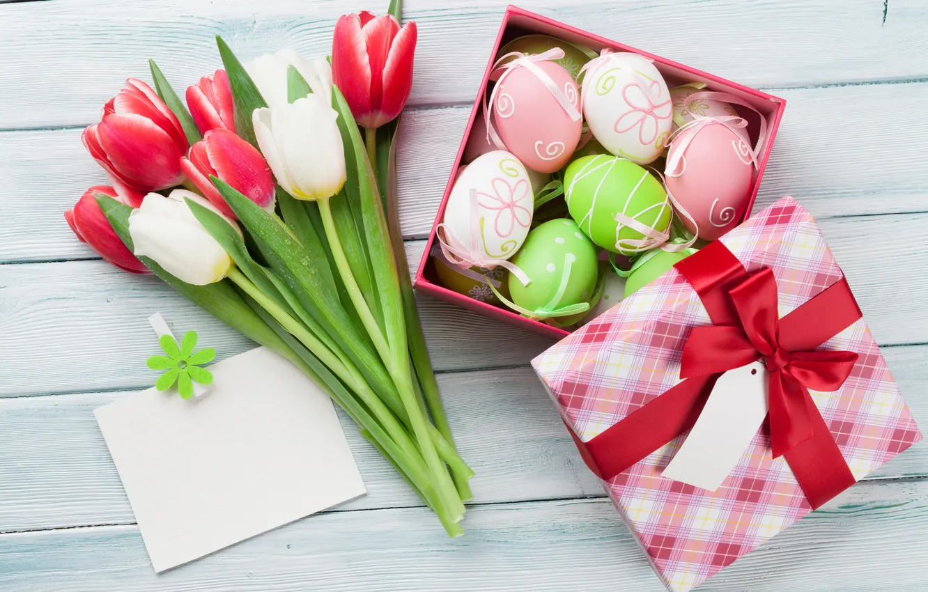 Photo wallpaper flowers, eggs, spring, colorful, Easter, red, wood, flowers