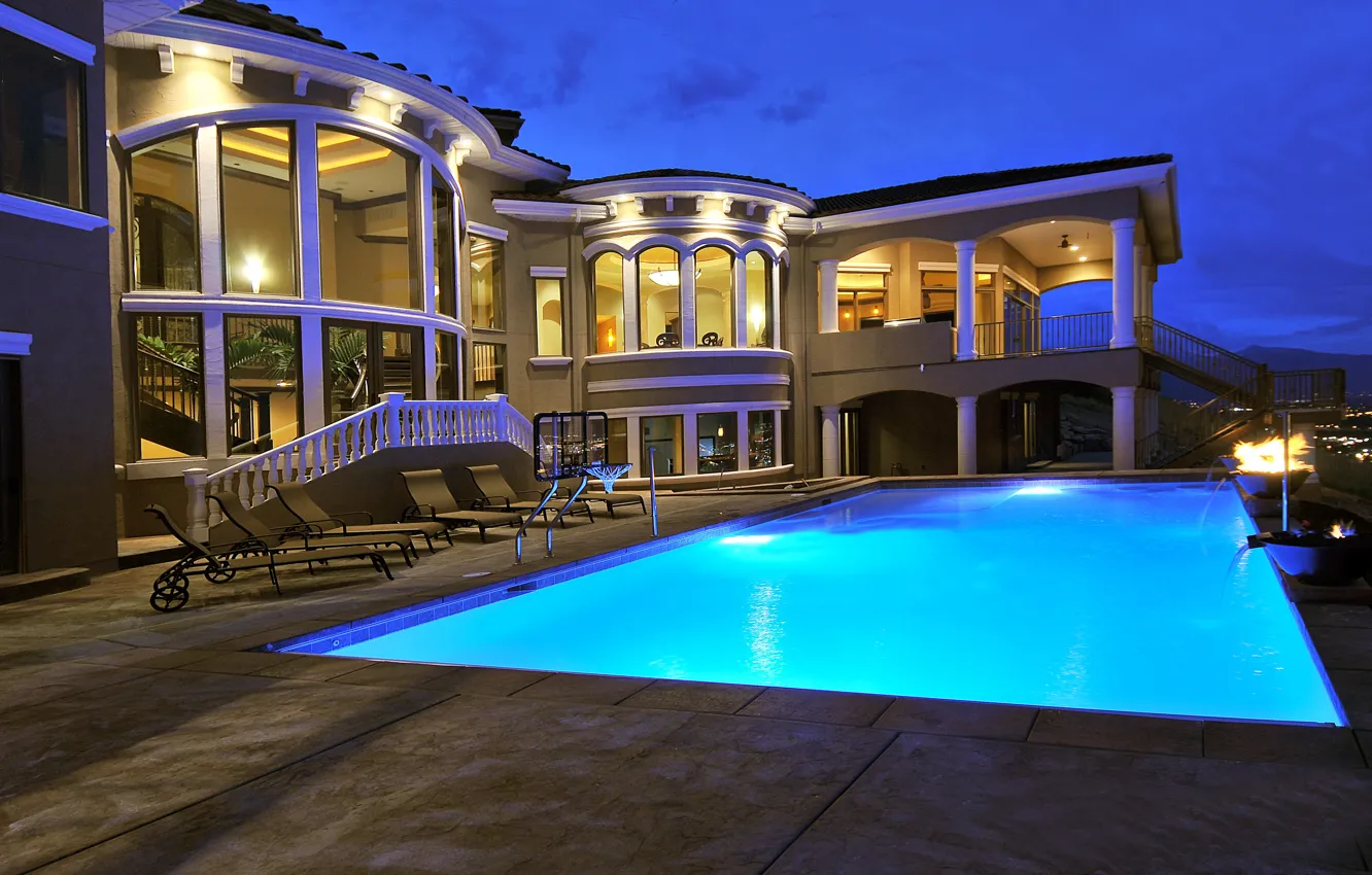 Photo wallpaper Villa, the evening, pool, lighting, architecture, terrace