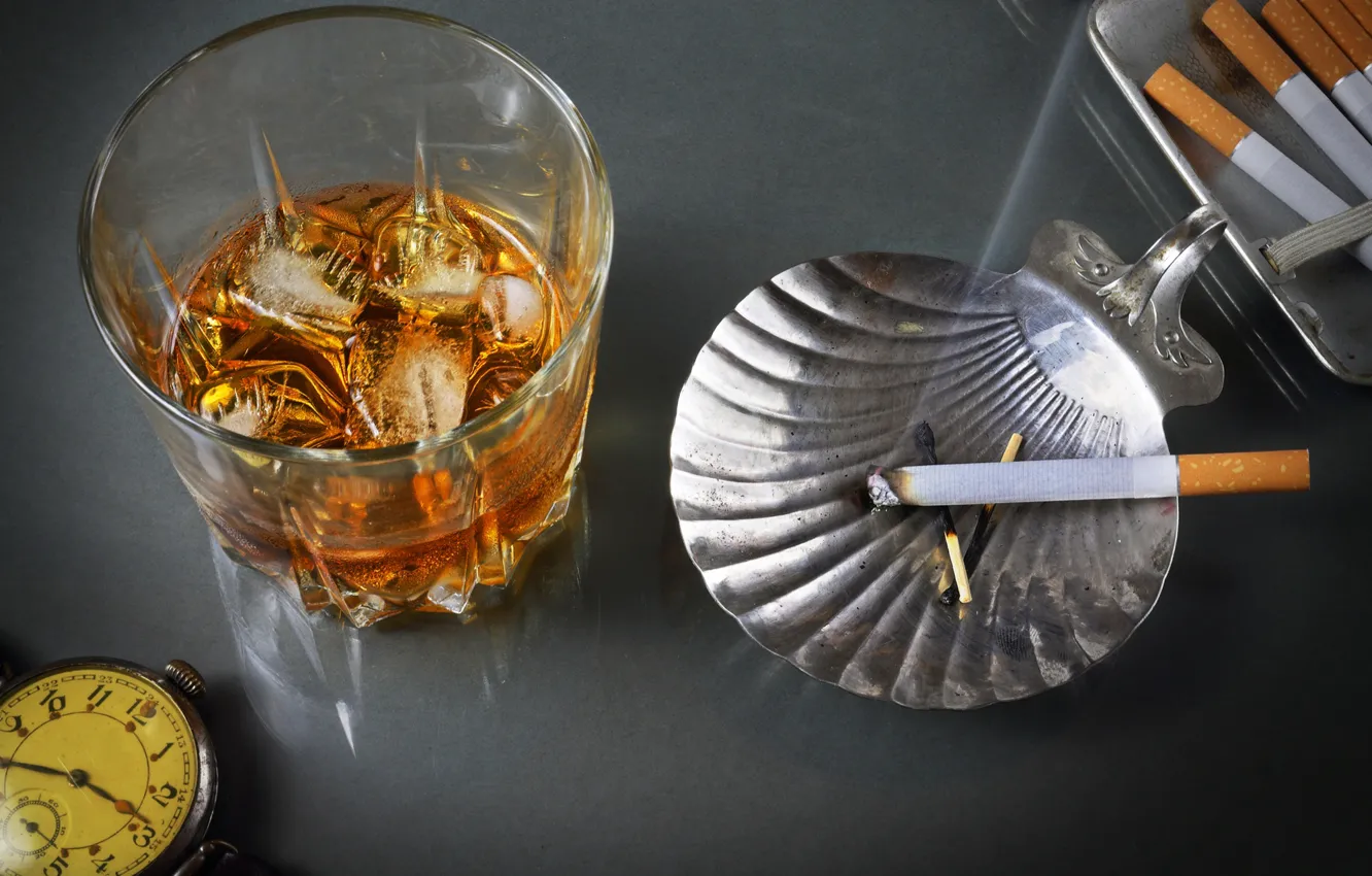 Photo wallpaper glass, style, retro, smoke, watch, cigarette, alcohol, whiskey