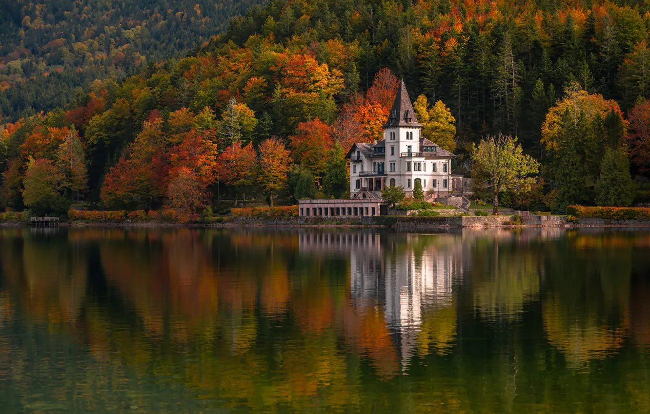 Photo wallpaper autumn, forest, reflection, castle, home, mansion, pond