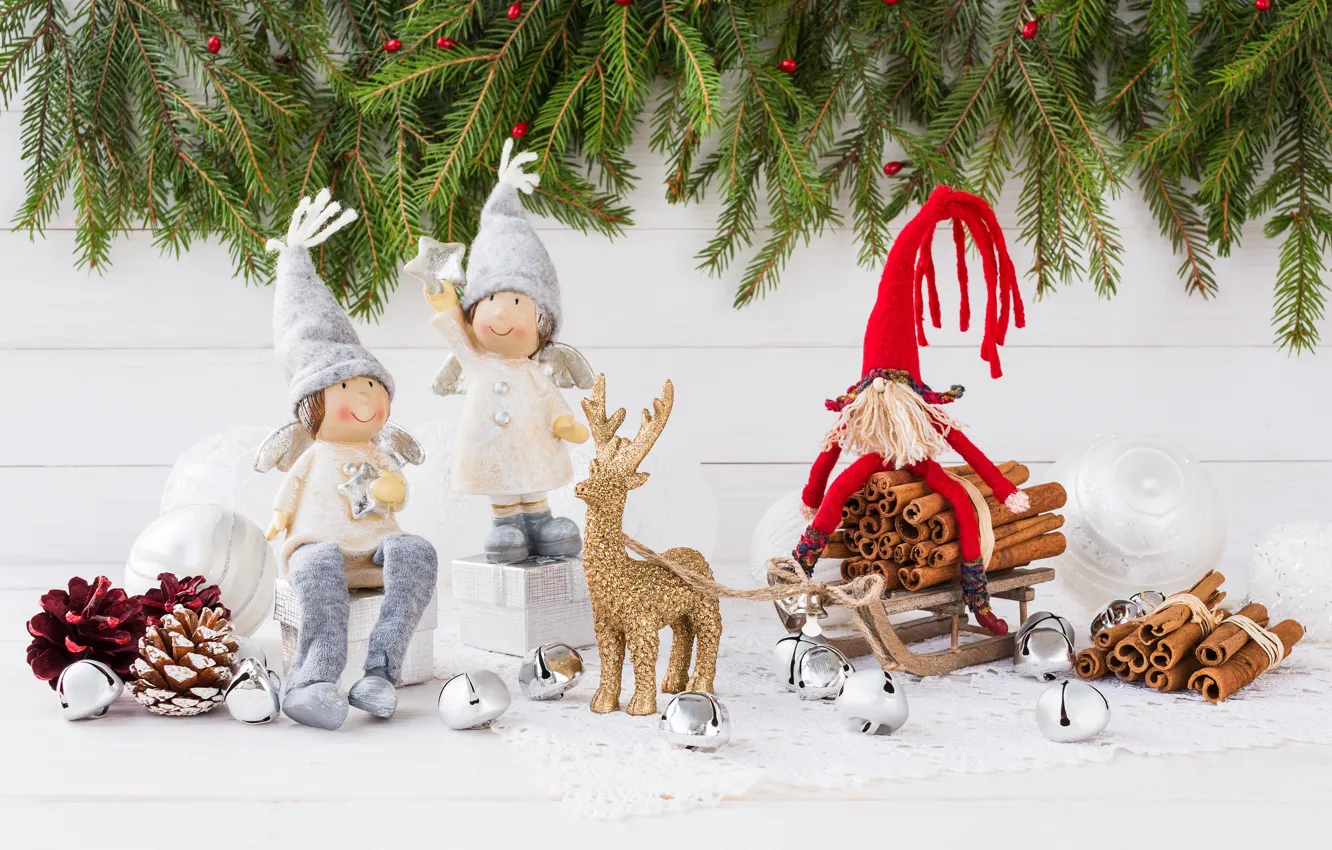 Photo wallpaper branches, toys, ate, angels, gifts, sled, figures, spices