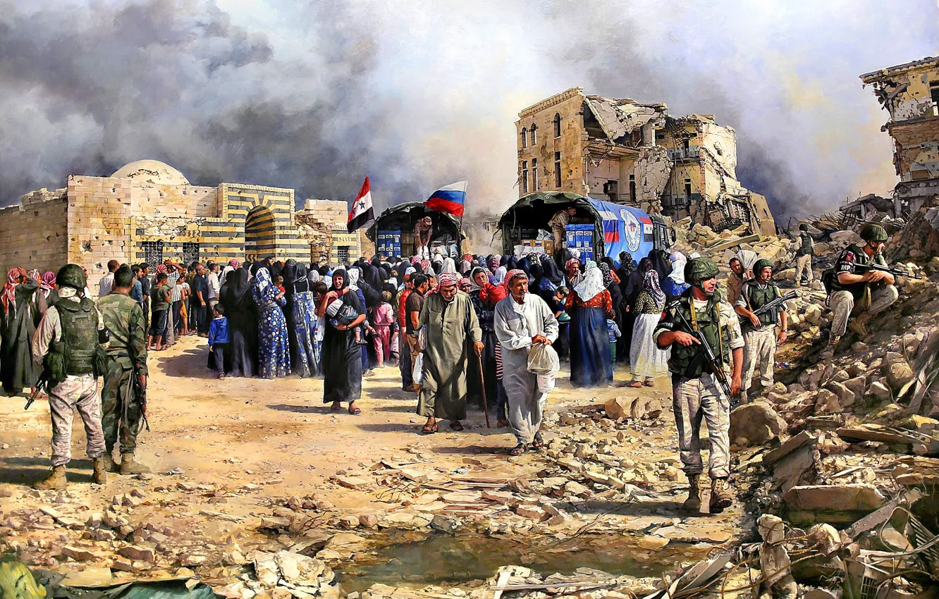 Photo wallpaper picture, soldiers, Syria, They distribute food to the residents of Syria, Aleppo, Augusto Ferrer-Dalmau, Humanitarian …