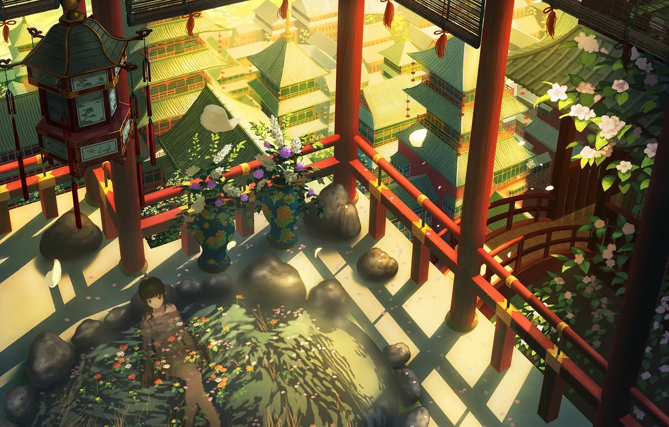 Photo wallpaper water, girl, flowers, the city, home, anime, art, nauimusuka