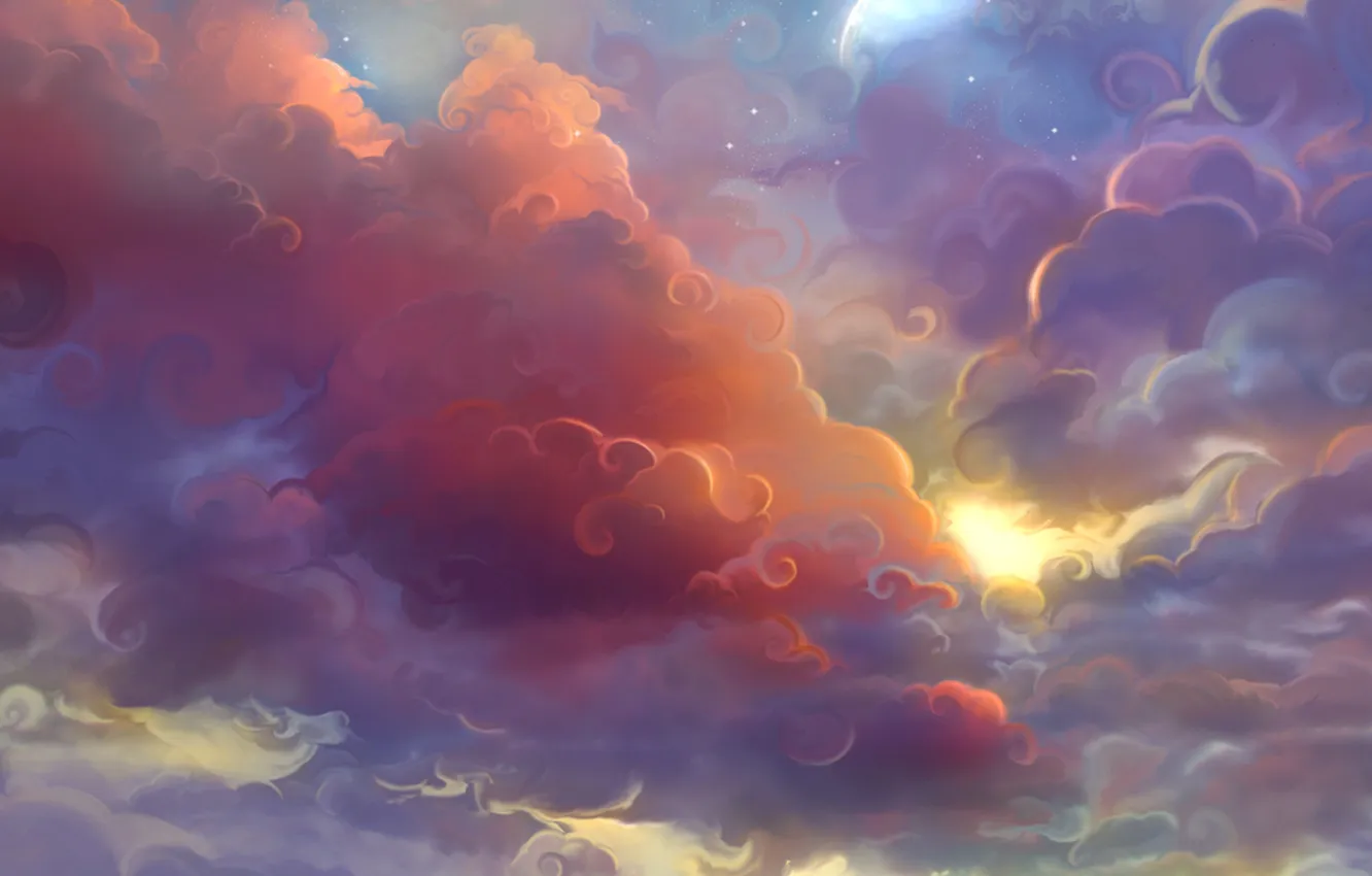 Photo wallpaper the sky, clouds, sunset, the moon, curls, art