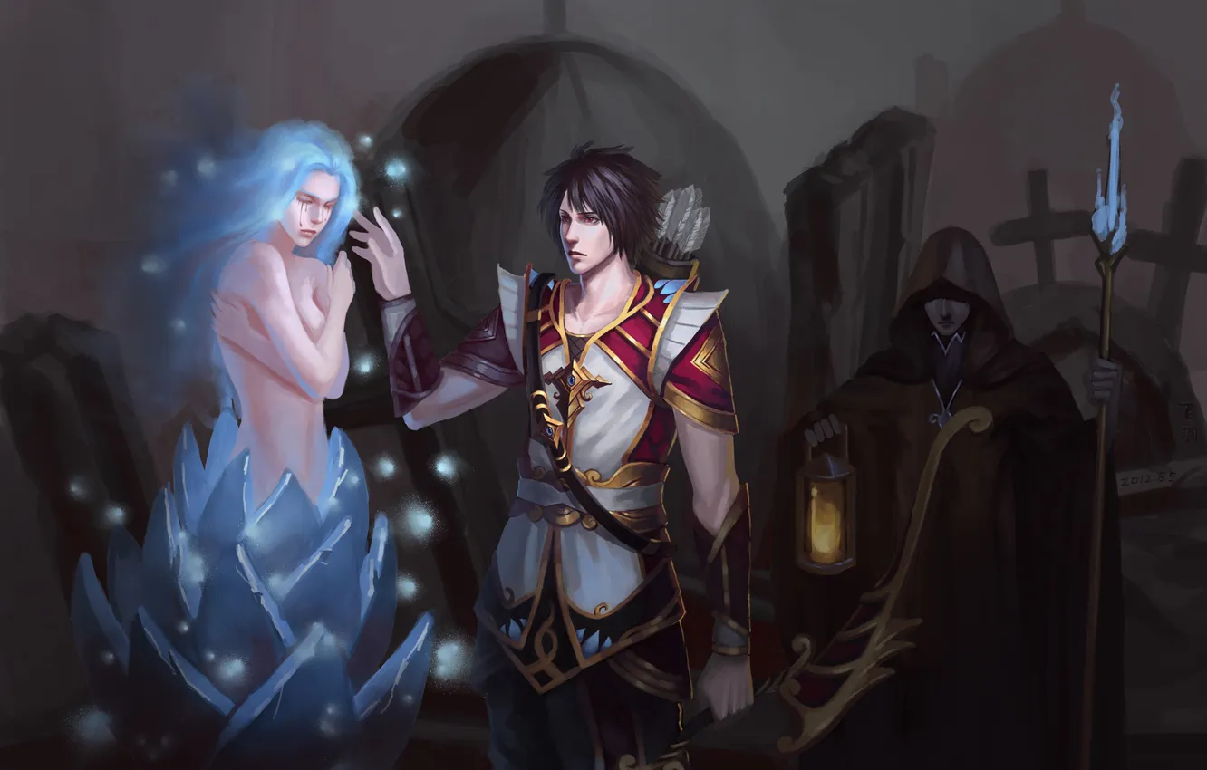 Photo wallpaper look, girl, weapons, magic, bow, lights, staff, guy