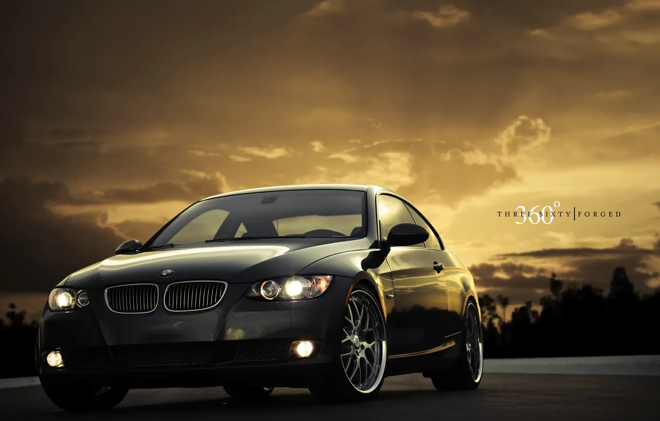 Photo wallpaper sunset, black, BMW, BMW, black, 335i, the front part, 360 three sixty forged