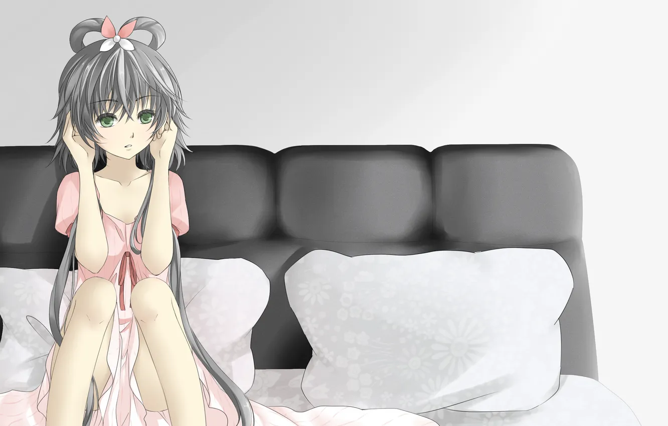 Photo wallpaper girl, bed, pillow, vocaloid, sitting, luo tianyi
