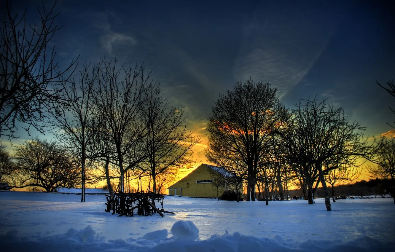 Photo wallpaper winter, snow, trees, sunset, house