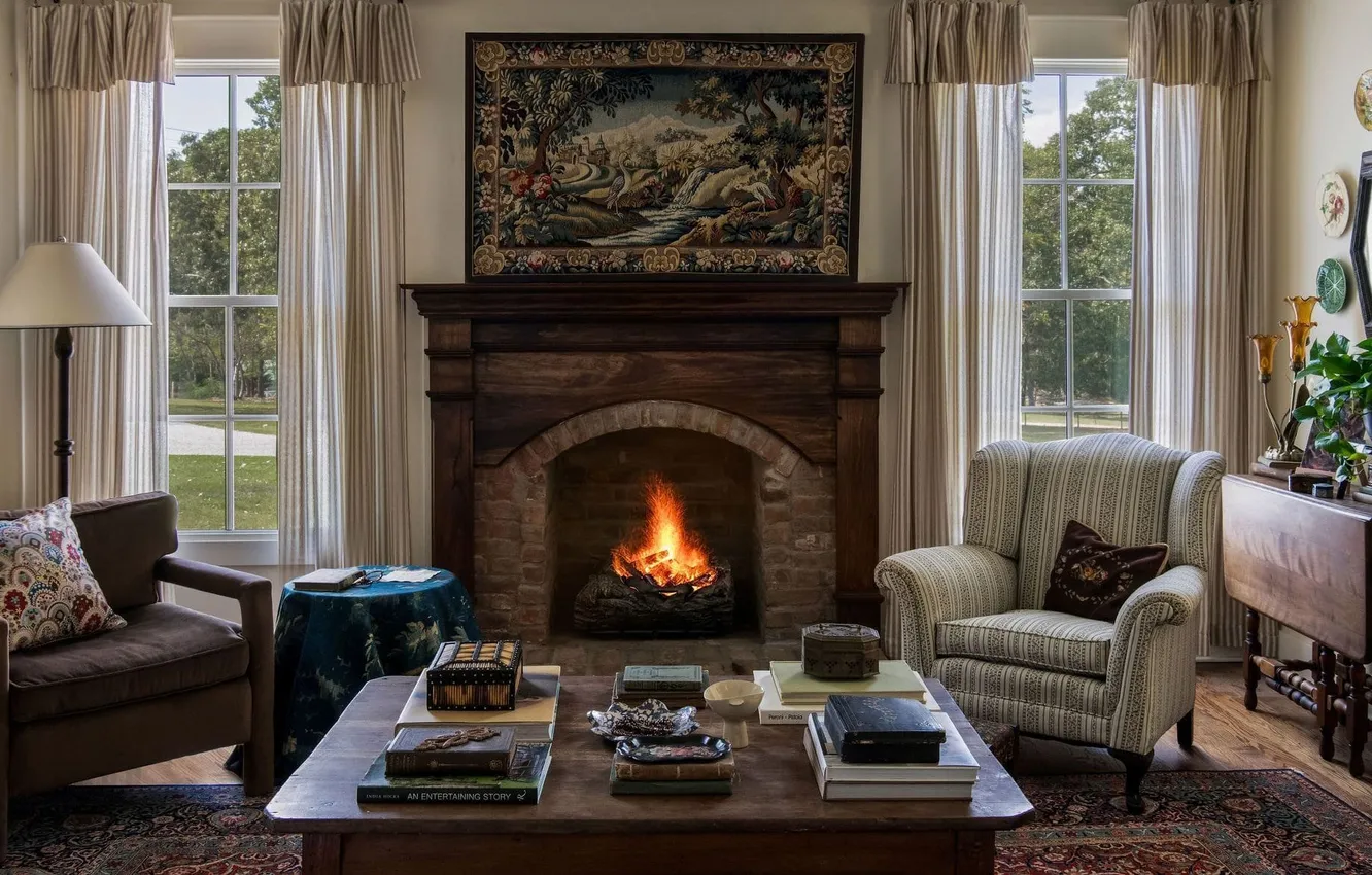 Photo wallpaper design, heat, interior, chair, fireplace, tapestry, English style, Cozy living room