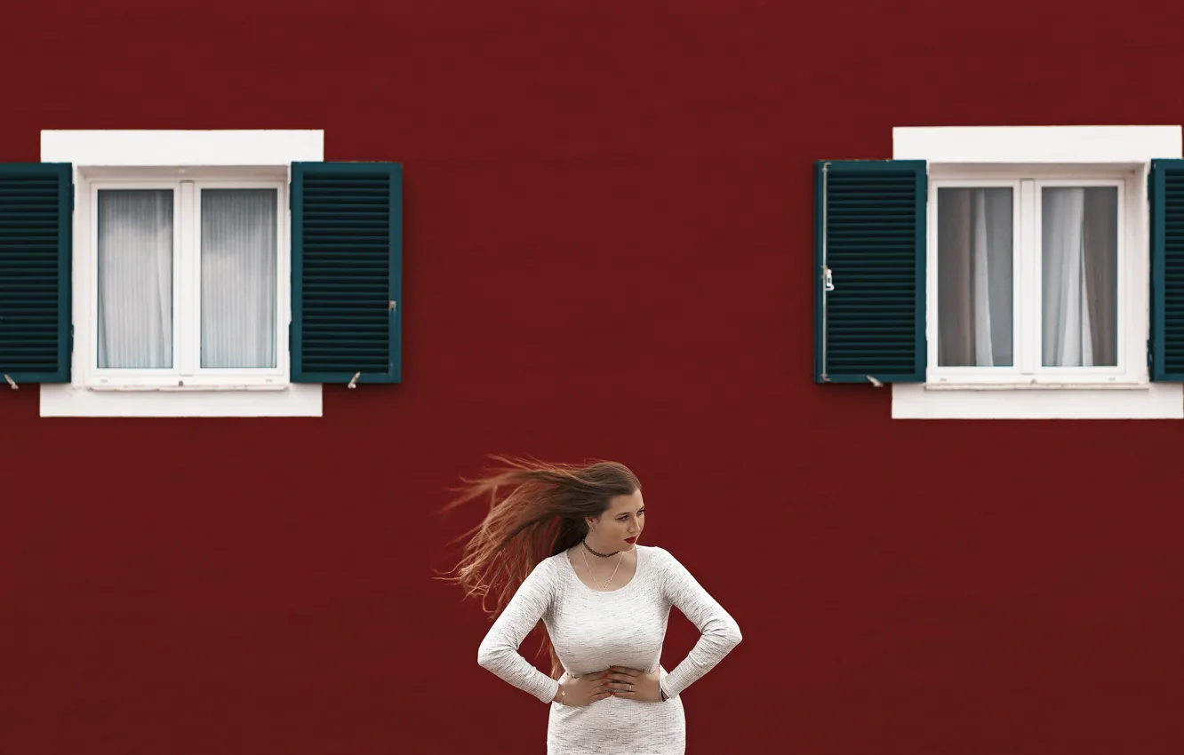 Photo wallpaper girl, face, background, the wind, hair, Windows, dress