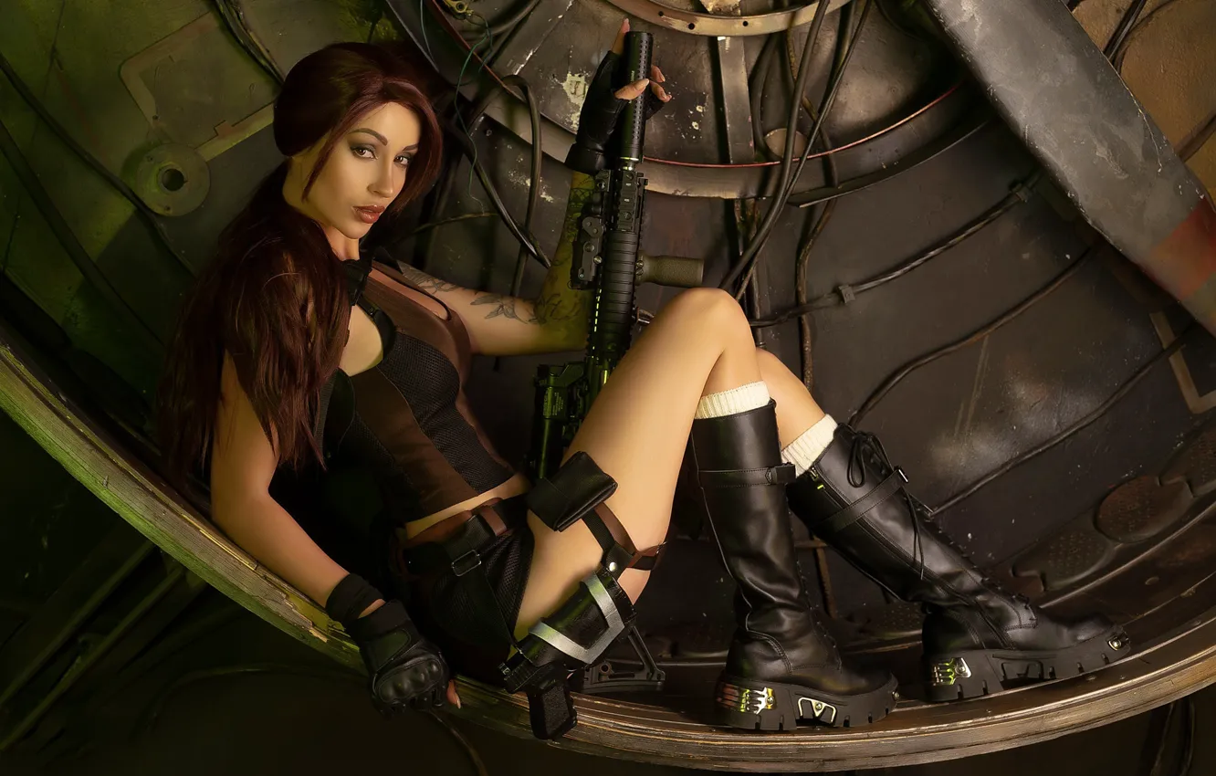 Photo wallpaper gun, boots, tattoo, costume, red, Lara Croft, rifle, holster