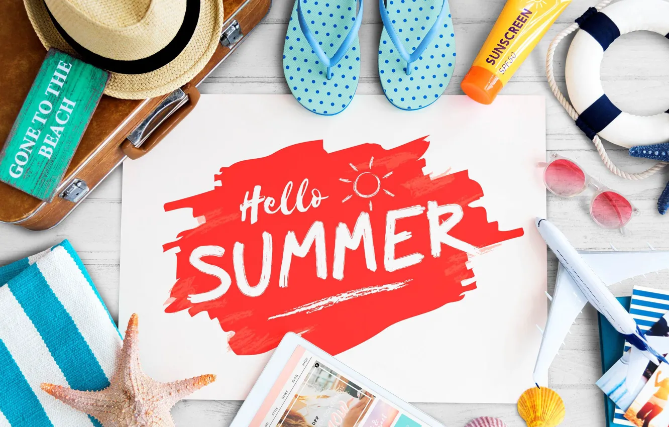 Photo wallpaper summer, photo, the inscription, hat, glasses, suitcase, tablet, slates